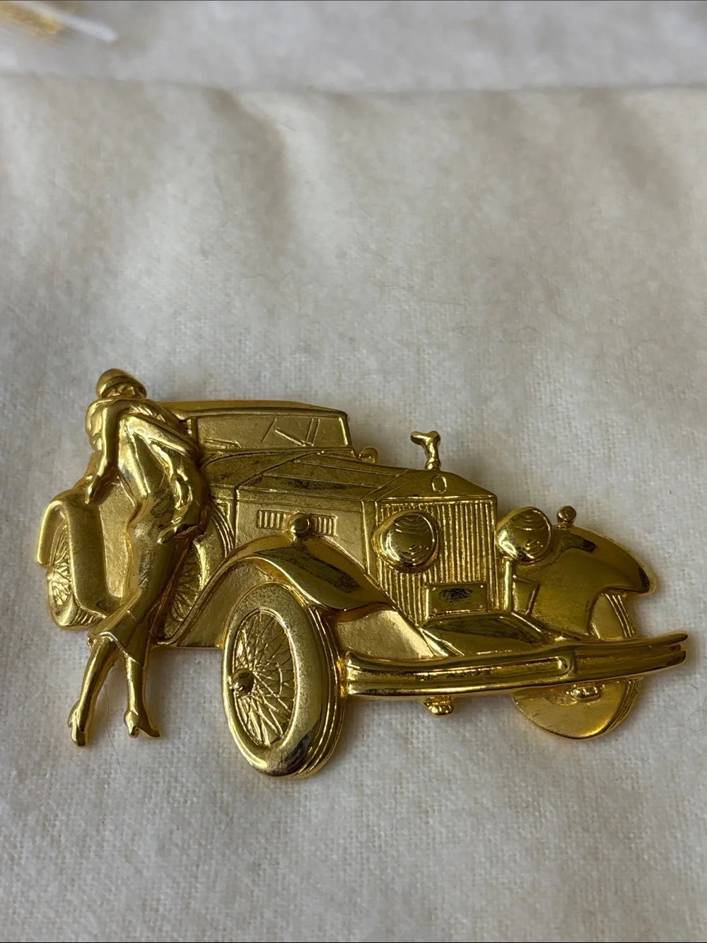 Vintage Park Lane JJ Art Deco Flapper Woman with Rolls Royce Gold Tone Brooch